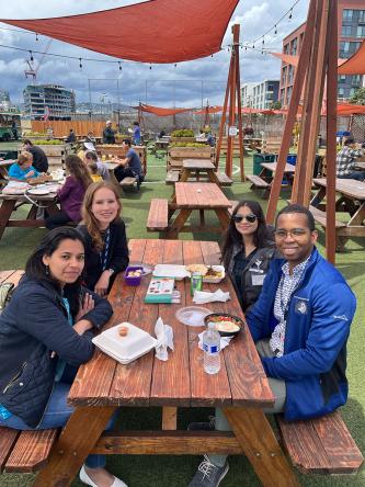 A group of people sitting down for lunch at a picnic table